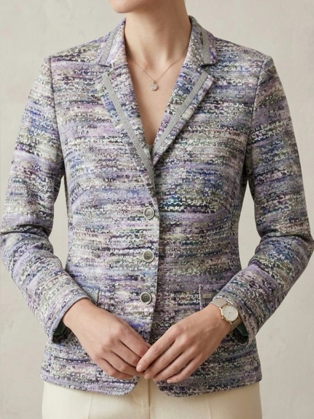BASLER Purple Abstract Print Knit Cotton Stretch Blazer Jacket Size 46